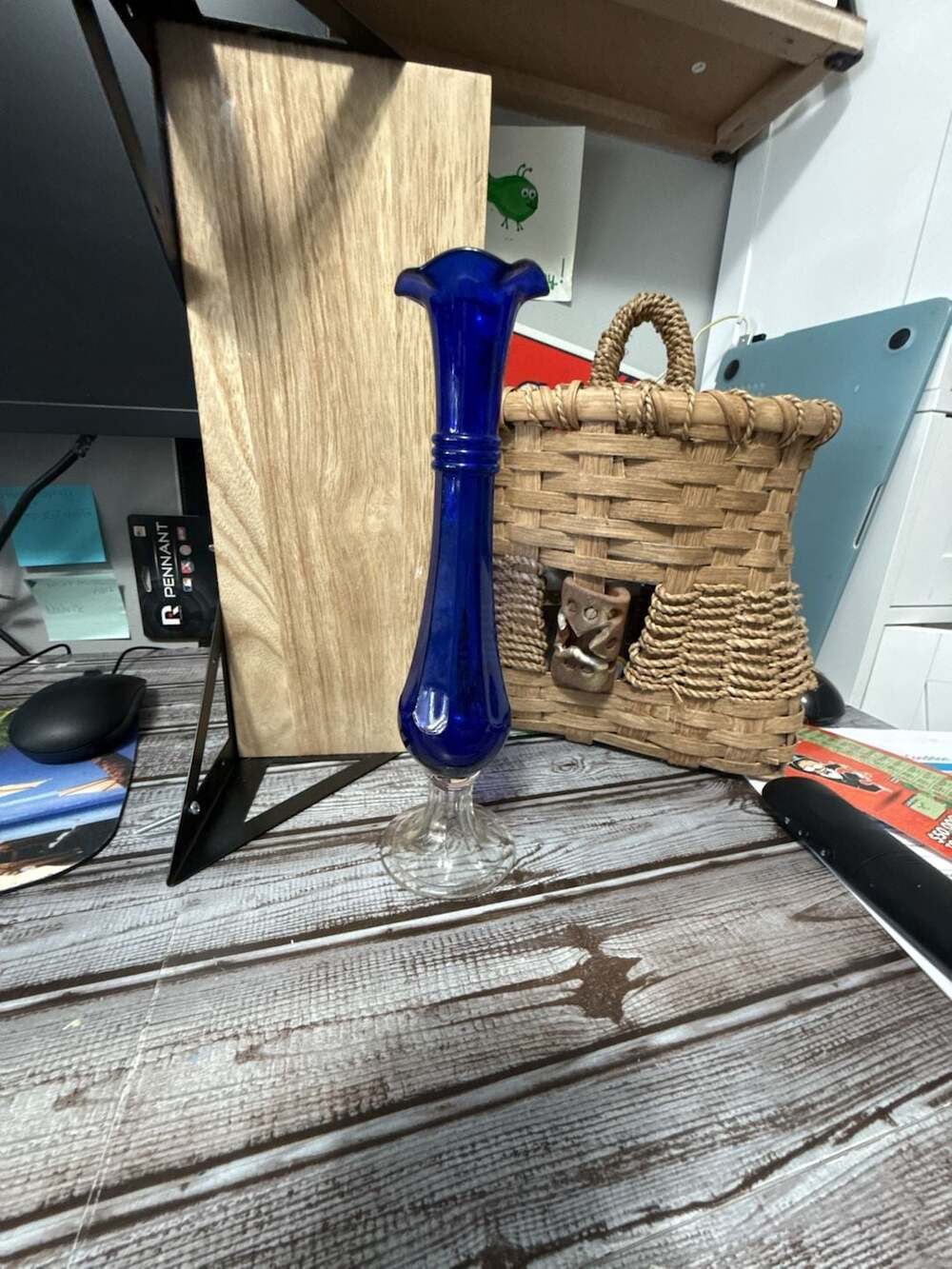 Vintage Cobalt Blue Glass Bud Vase Ruffled Ringed 9 Inch